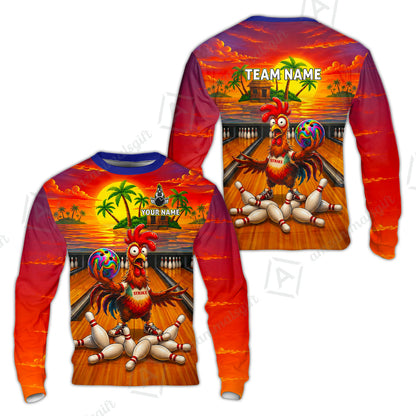 Custom Bowling Jersey Polo Shirt, Funny Tropical Island Rooster Strike, Custom Bowling Jersey Team Shirt For Players With Name and Team Name