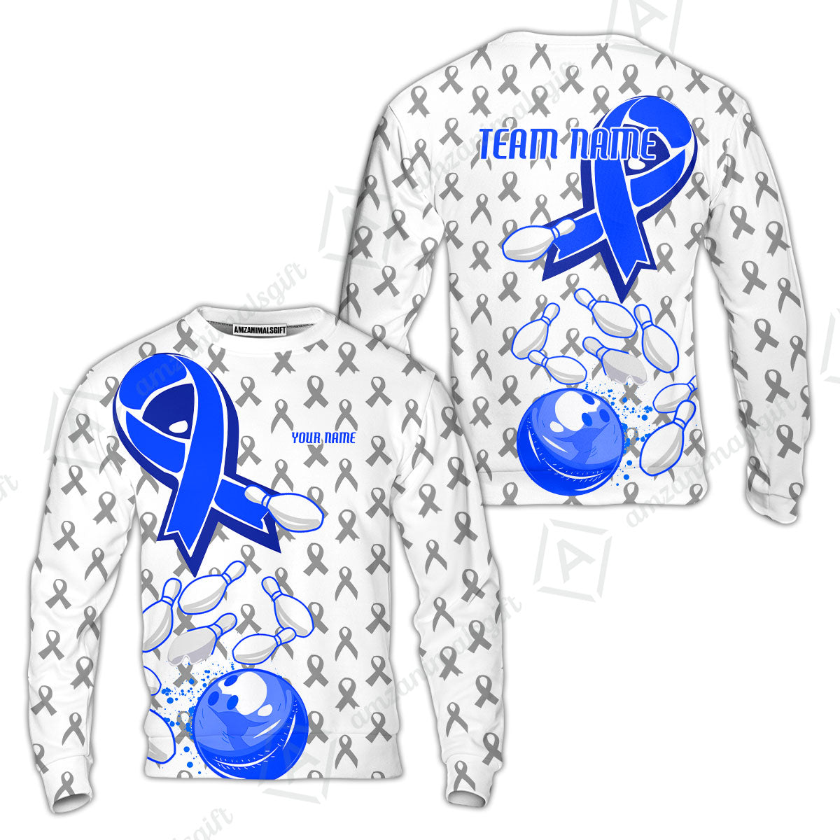 Custom Bowling Team Uniform Shirts, Blue Ribbon & Bowling Pins Strike Graphic Shirt, Personalized Team & Player Jersey