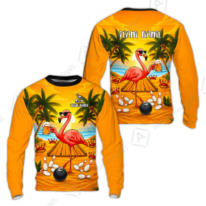 Customized Bowling Shirt, Beer & Flamingo Bowler Summer Vibe, Personalized Polo Shirt For Players With Name & Team Name