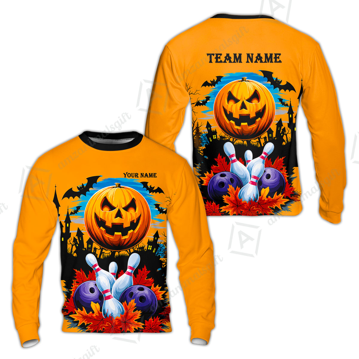 Custom Bowling Jersey Polo Shirt, Halloween Pumpkin Bowling, Personalize Name and Team Name