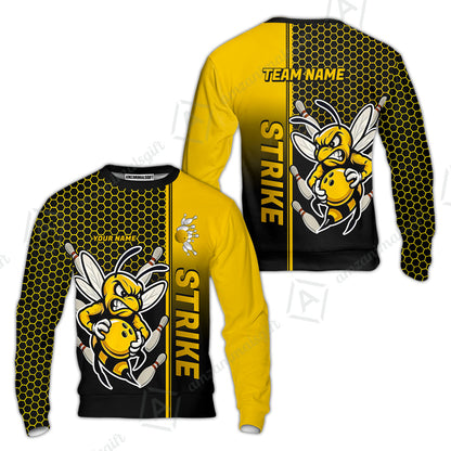 Custom Bowling Team Jersey, Bowling Honeycomb Angry Bee Strike Polo Quarter-Zip Shirts, Bowling Uniforms Jerseys, Personalized Name And Team Name