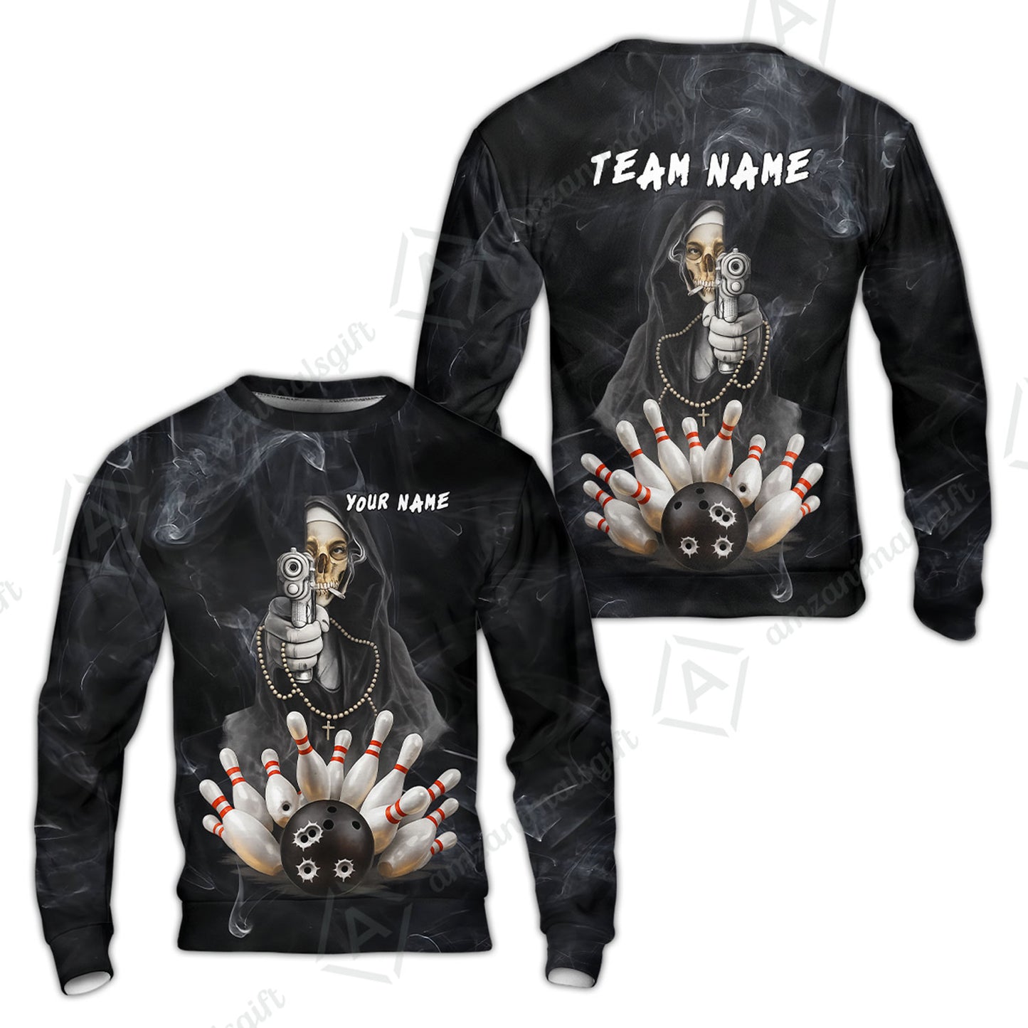 Custom Bowling Jersey Polo Shirt, Badass Smoking Skeleton Nun Gun Strike, Custom Bowling Jersey Team Shirt For Players With Name & Team Name
