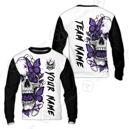 Custom Bowling Jersey Polo Shirt, Skull With Butterfly, Custom Bowling Jersey Team Shirt For Players With Name and Team Name