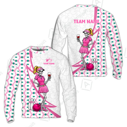 Custom Bowling Jersey Polo Shirt, Pink Skeleton Bowling, Personalize Name and Team Name