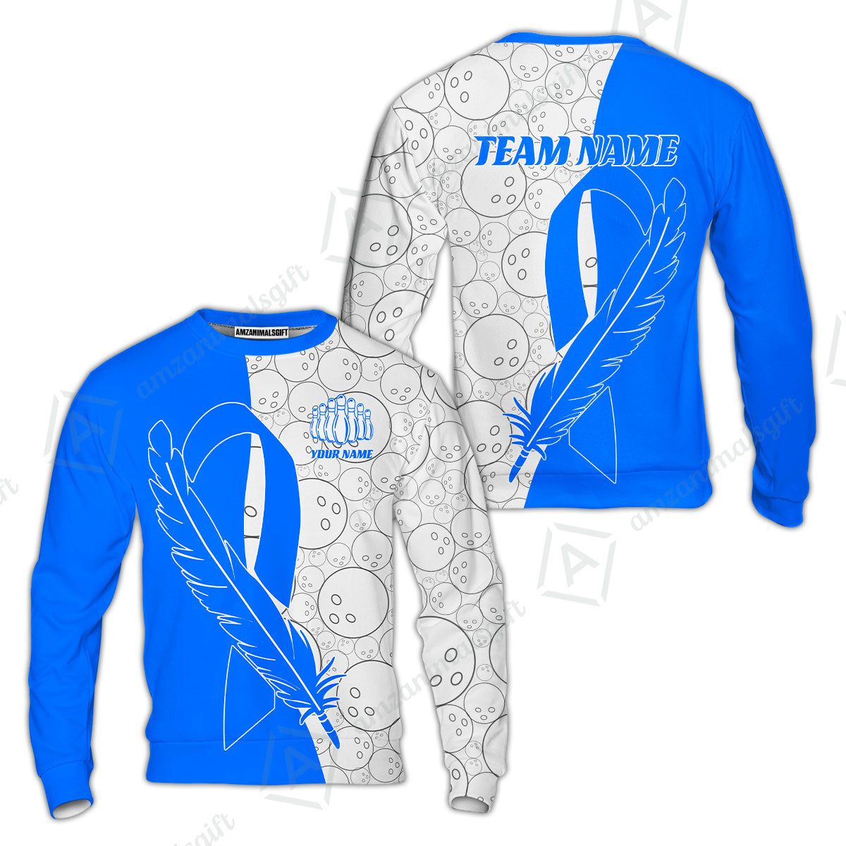 Customized Bowling Team Uniform Shirts, Blue Ribbon Feather Combined With Bowling Pattern Personalized Team & Player Jersey