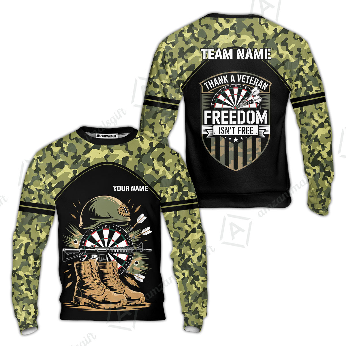 Custom Military Green Camouflage Dartboard Collar Quater-Zip Jersey Team Shirts, Customized Name Team Name Darts Team Jerseys Uniform