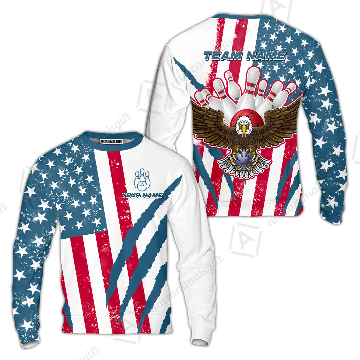 Customized Patriotic Bowling Sweatshirt, American Flag & Eagle Claw-mark Sweatshirt, Perfect For Bowling Team
