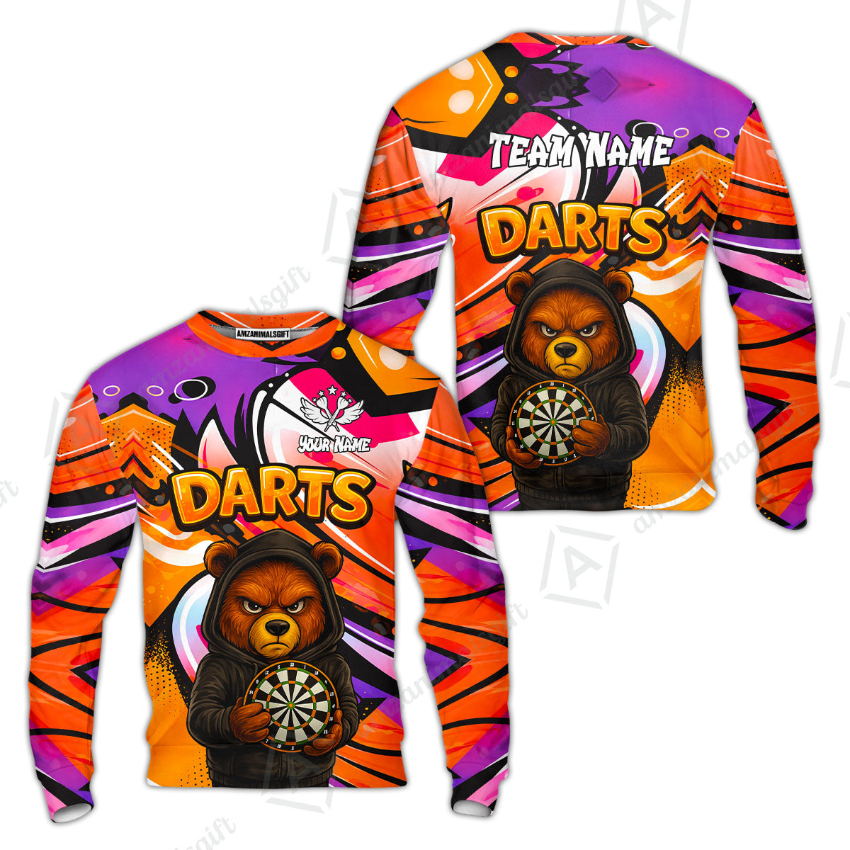 Customized Darts Team Uniform Shirt, Custom Darts Team Collar Quarter-Zip, Personalized Bear Darts Shirt with Name & Team Name