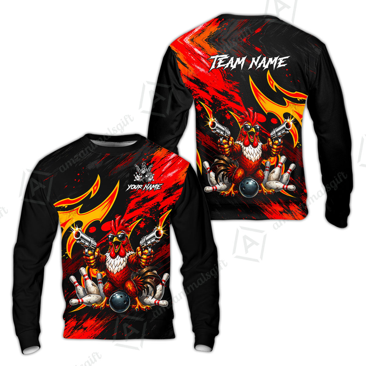 Custom Bowling Jersey Polo Shirt, Rooster With Gun, Custom Bowling Jersey Team Shirt For Players With Name and Team Name