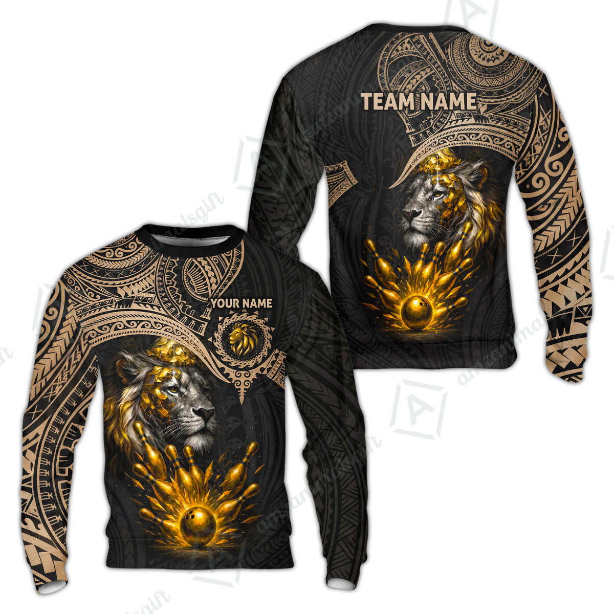 Custom Bowling Jersey Polo Shirt, Regal Golden Tribal Lion, Custom Bowling Jersey Team Shirt For Players With Name and Team Name