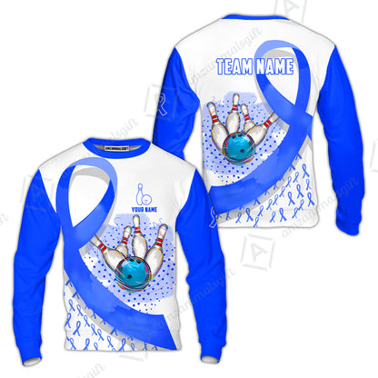 Custom Bowling Team Jersey Shirts, Blue Ribbon and Ball Hitting Pins Shirt, Personalized Team & Player Bowling Jersey
