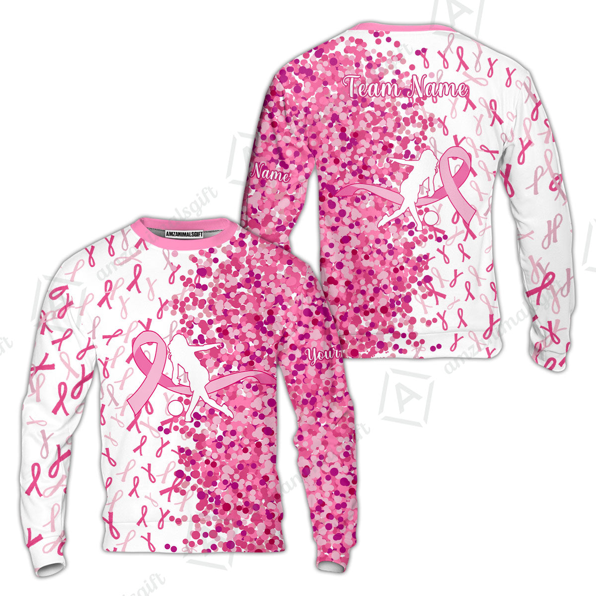 Custom Bowling Team Uniform Jerseys Pink Ribbon and Pink Dots, Bowling Shirt Personalized Name And Team Name