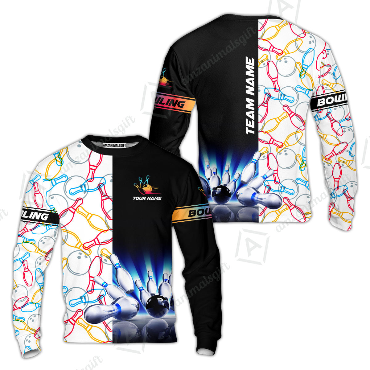 Custom Bowling Team Jersey, Light Bowling Polo Quarter-Zip Shirts, Bowling uniforms Ball & Pins Personalized Bowling Name And Team Name