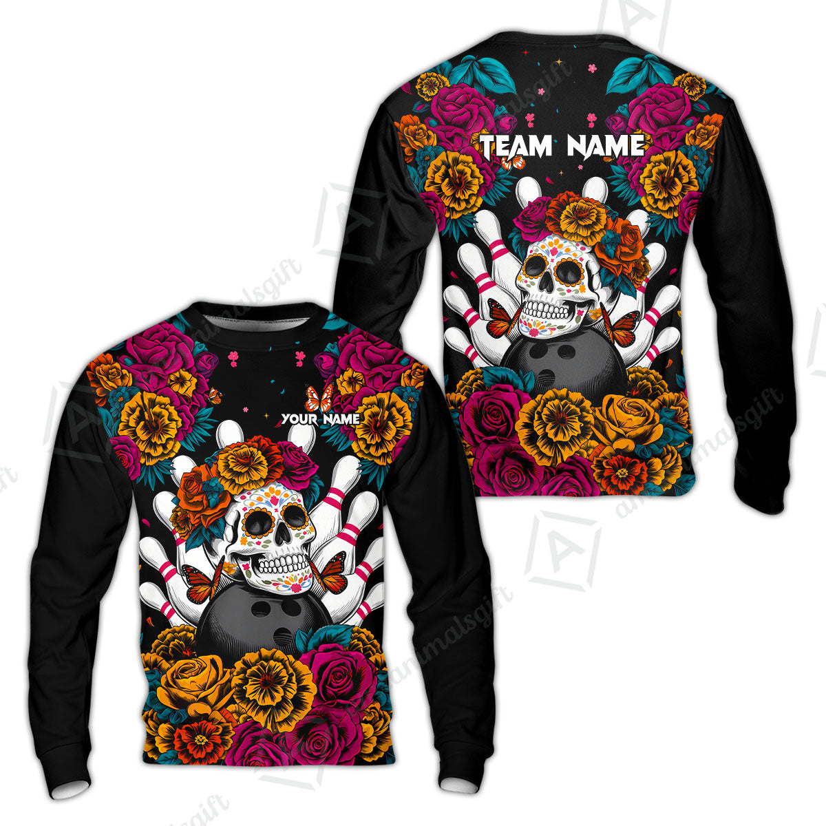 Custom Bowling Jersey Polo Shirt, Floral Skull Bowling, Personalize Name and Team Name