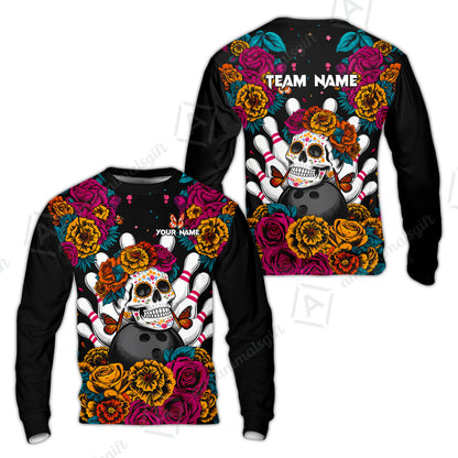 Custom Bowling Jersey Polo Shirt, Floral Skull Bowling, Personalize Name and Team Name