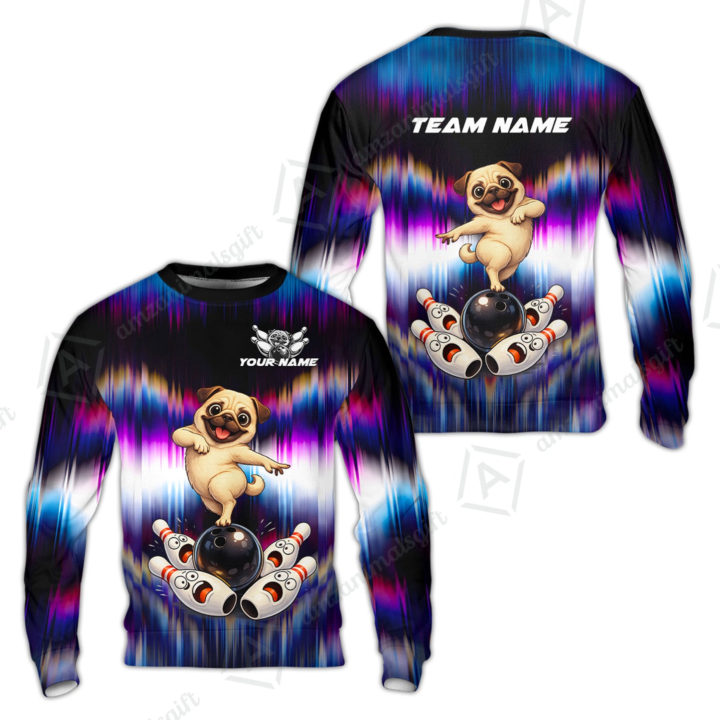 Custom Bowling Jersey Polo Shirt, Neon Cosmic Pug Bowling Custom Bowling Jersey Team Shirt For Players With Name & Team Name