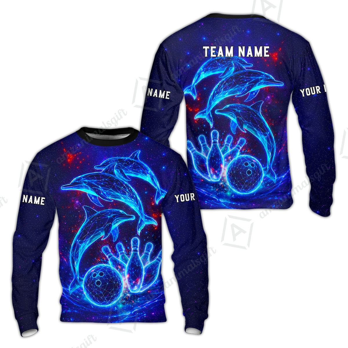 Customized Bowling Shirt, Cosmic Dolphin, Personalized Polo Shirt For Players With Name & Team Name