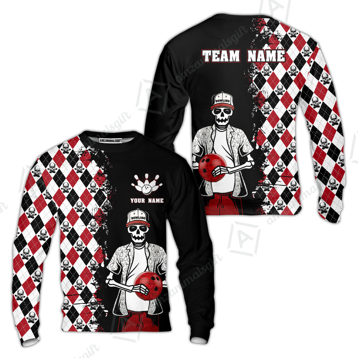 Bowling Custom Bowling Sweatshirt - Custom Name Skull Men, Argyle Bowling Pattern Personalized Bowling Polo Shirt - Perfect Gift For Friend, Family