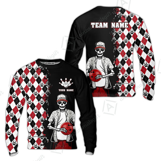 Bowling Custom Bowling Sweatshirt - Custom Name Skull Men, Argyle Bowling Pattern Personalized Bowling Polo Shirt - Perfect Gift For Friend, Family