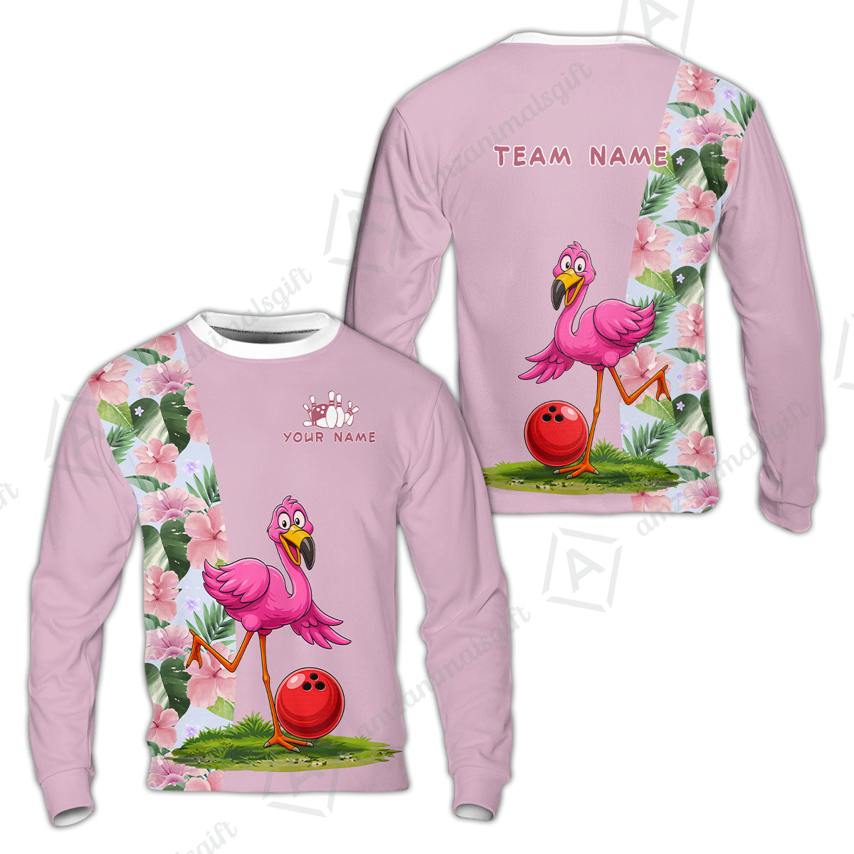 Custom Bowling Jersey Polo Shirt, Tropical Pink Flamingo Floral, Custom Bowling Jersey Team Shirt For Players With Name and Team Name