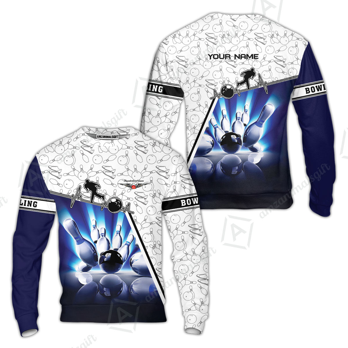 Customized Name Bowling Polo Shirt, Personalized Unique Design Blue Heartbeat Bowling Polo Shirt