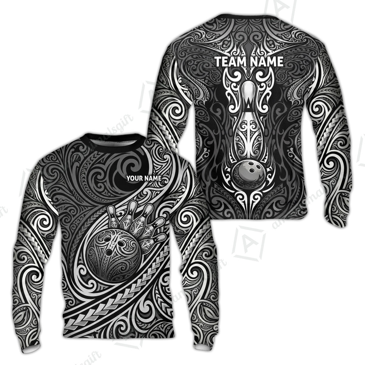 Custom Bowling Jersey Polo Shirt, Intricate Monochrome Tribal Spirit Bowling, Custom Bowling Jersey Team Shirt For Players With Name and Team Name
