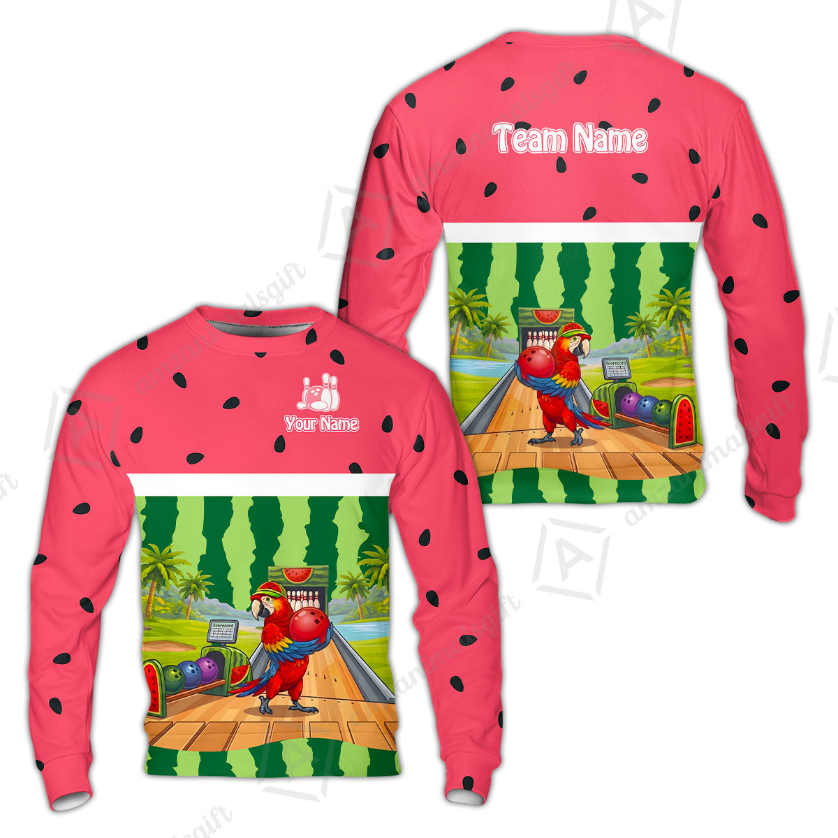 Custom Bowling Jersey Polo Shirt, Tropical Watermelon Parrot Macaw, Custom Bowling Jersey Team Shirt For Players With Name and Team Name
