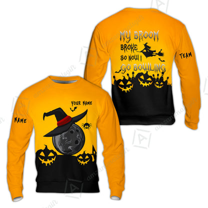 Custom Bowling Jersey Polo Shirt, Halloween My Broom Broke So Now I Go Bowling, Personalized Name And Team Name