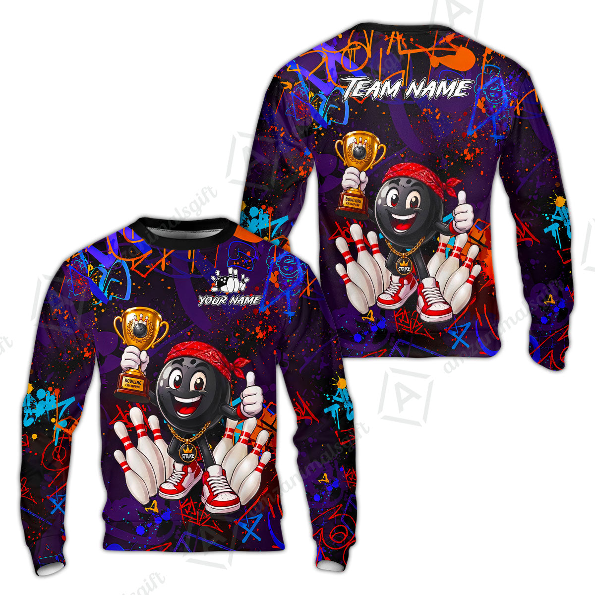 Custom Bowling Jersey Polo Shirt, Graffiti Champion, Custom Bowling Jersey Team Shirt For Players With Name & Team Name