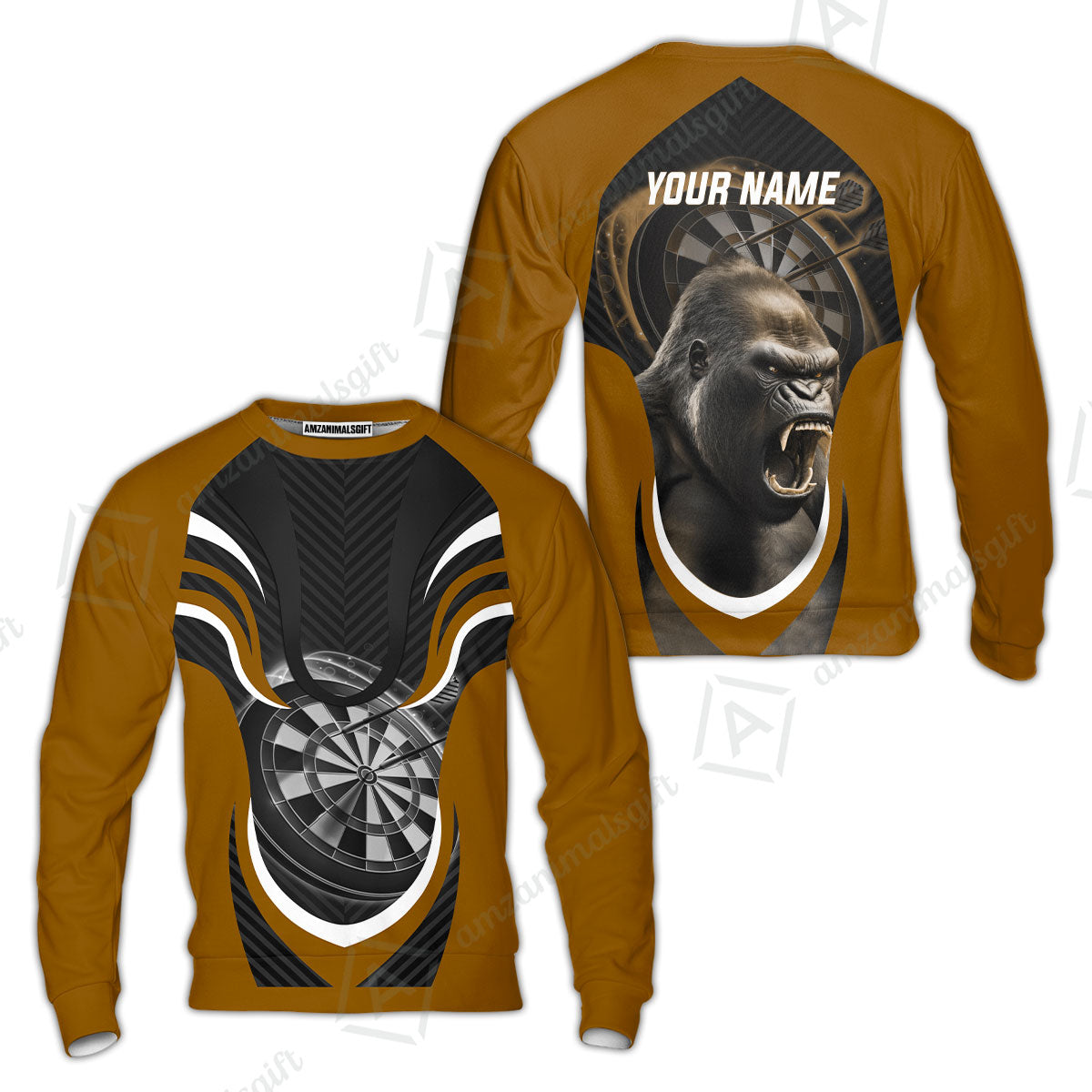 Gorilla And Darts Custom Name Men Polo Shirt, Bullseye Dartboard Brown Personalized Men Polo Shirt Gift For Darts Lovers, Team, Friends