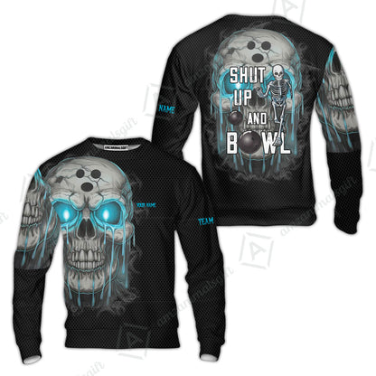 Custom Bowling Team Uniform Skull Flame Bowling Shirt - Shut Up And Bowl, Personalized Name And Team Name