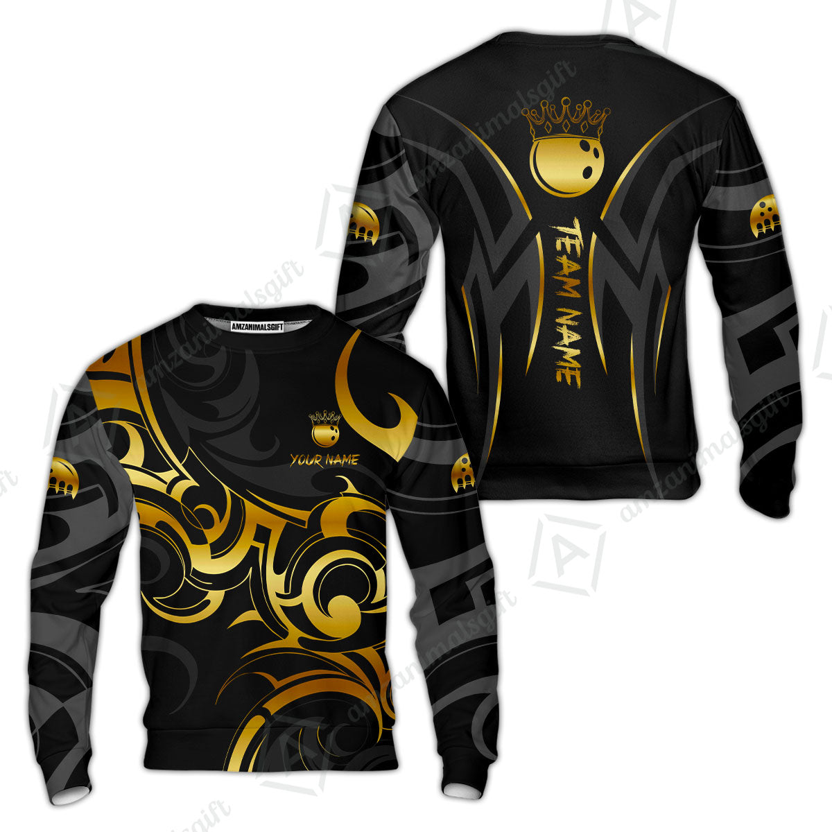 Customized Bowling Team Sweatshirt, Bowling Swirling Fire Flames Gold And Black Style Polo Shirt For Bowlers