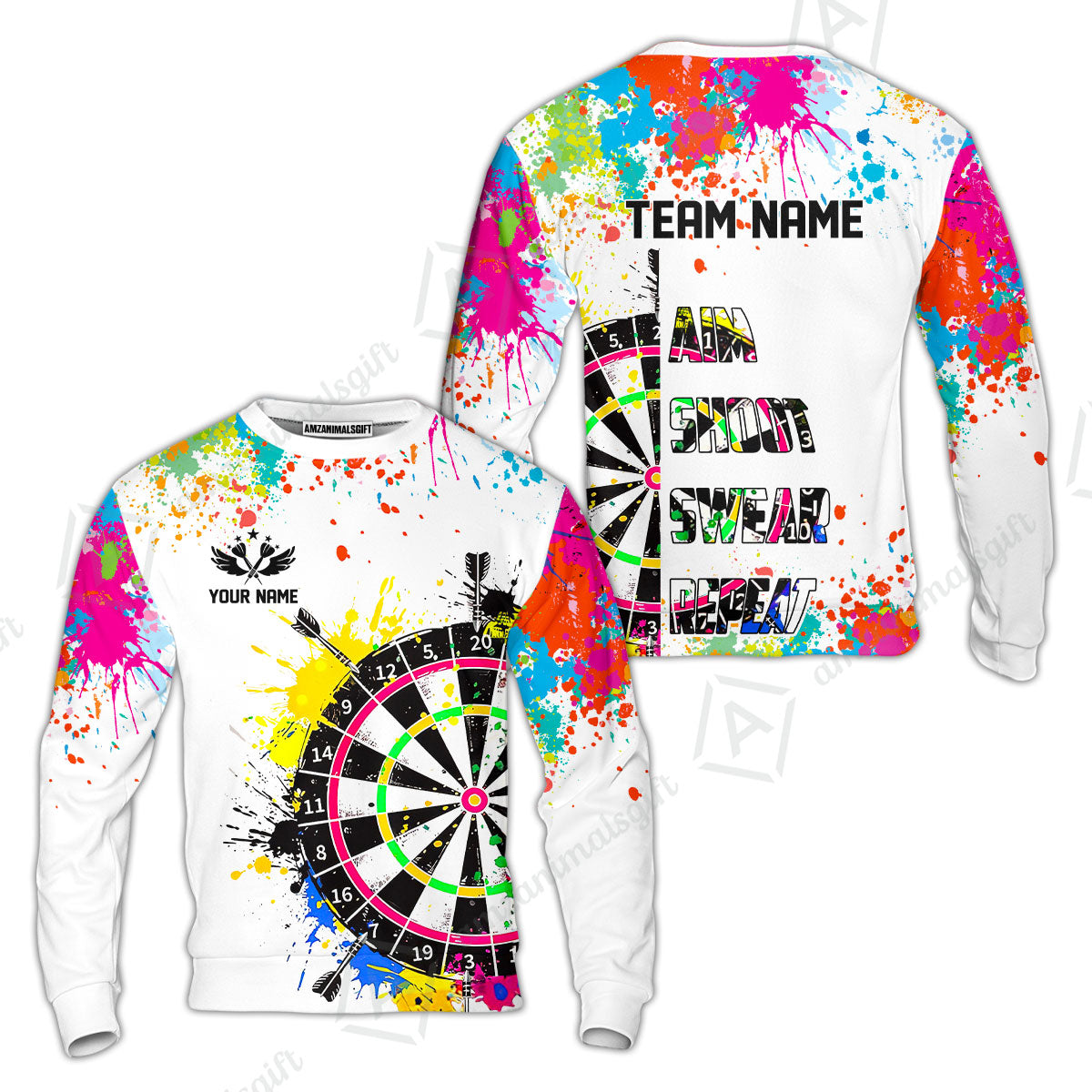 Custom Funny Dartboards Colorful Paint Quarter Zip Polo Team Shirts, Custom Aim Shoot Swear Repeat Darts Team Jerseys Uniform - White