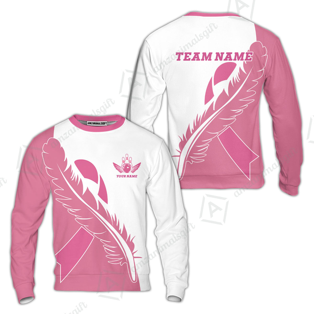 Feather Pink Ribbon Breast Cancer Custom Bowling Team Polo Shirts, Pink Ribbon Bowling Team Uniforms Jerseys, Personalized Name And Team Name