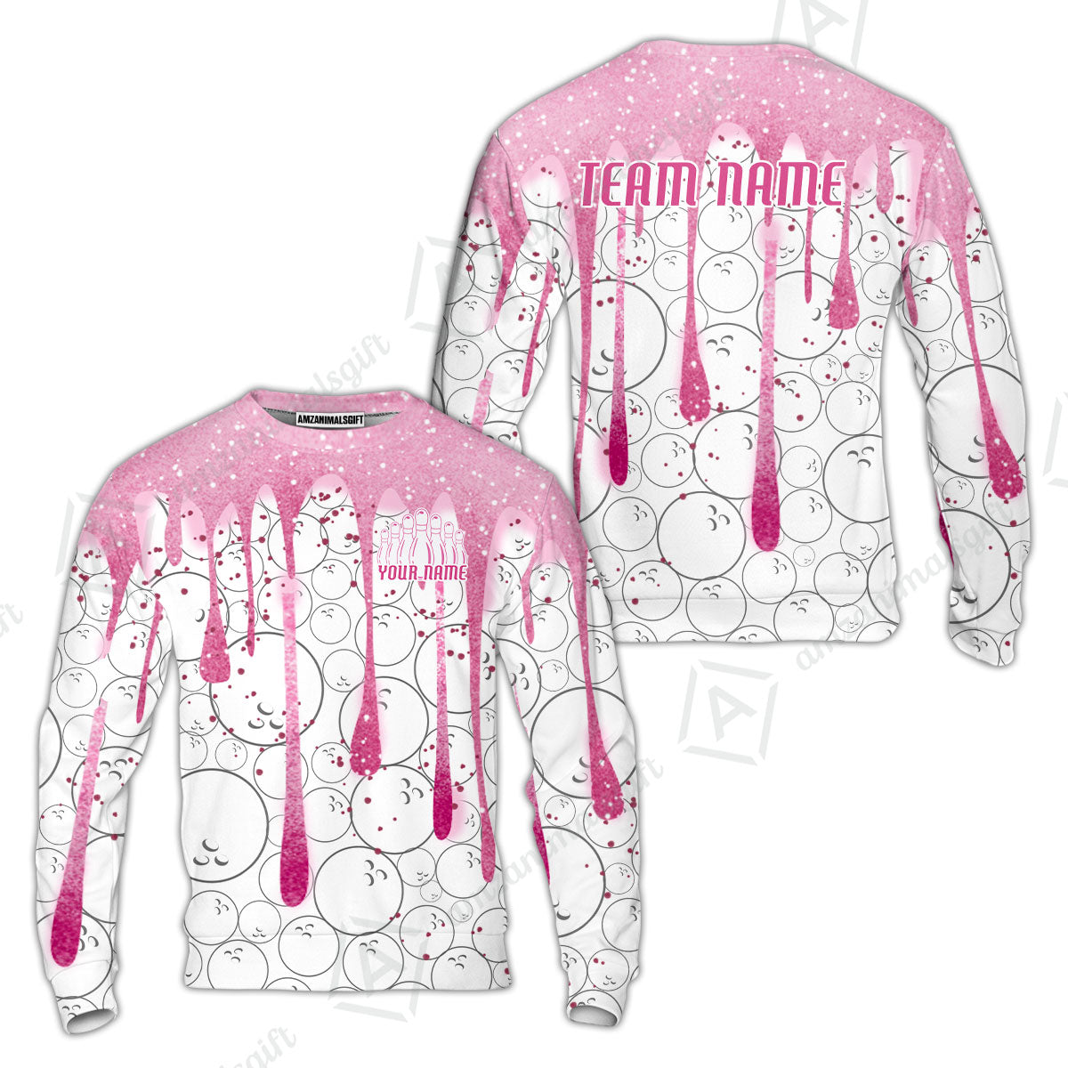 Custom Pink Glitter Bowling Team Women Polo Shirts, Custom Glitter Bowling Team Uniforms Jerseys, Bowling Ball Polo Personalized Name And Team Name