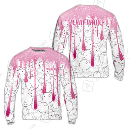 Custom Pink Glitter Bowling Team Women Polo Shirts, Custom Glitter Bowling Team Uniforms Jerseys, Bowling Ball Polo Personalized Name And Team Name