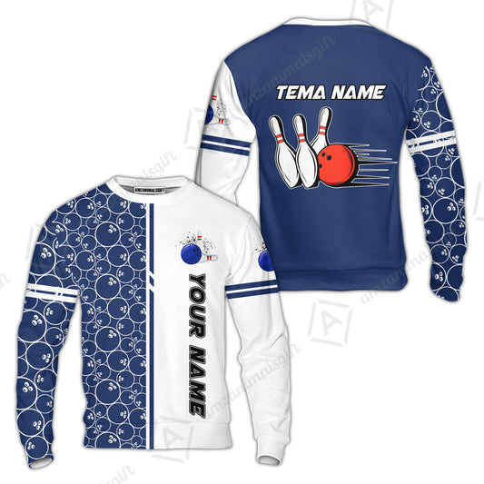 Customized Bowling Team Sweatshirt, Bowling White And Blue Pattern Uniforms Shirt Personalized Name And Team Name