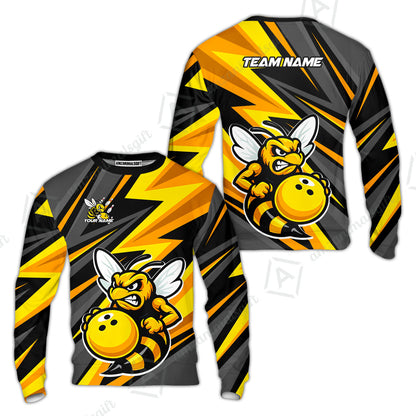 Custom Bowling Team Jersey, Bowling Angry Bee Yellow Strike  Polo Quarter-Zip Shirts, Bowling Uniforms Jerseys, Custom Name And Team Name