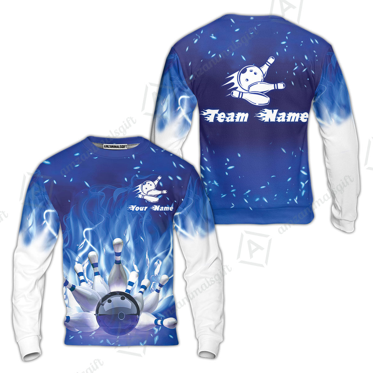 Bowling Men Polo Shirt Custom Name - Bowling On Blue Fire Personalized Bowling Polo Shirt