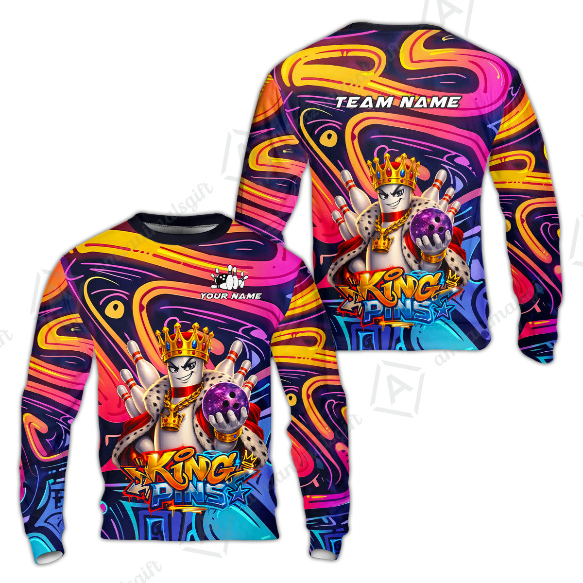 Custom Bowling Jersey Polo Shirt, Psychedelic Graffiti King Pins Mascot, Custom Bowling Jersey Team Shirt For Players With Name and Team Name