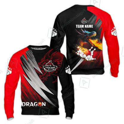 Customized Bowling Jersey Shirt, Personalized Name Dragon Team Red Bowling Ball On Fire Polo Shirt For Men - Perfect Gift For Bowling Lovers