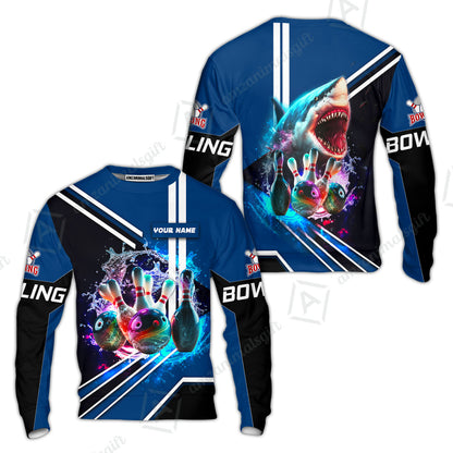 Bowling Custom Men Polo Shirt - Custom Name Shark Team Rainbow Bowling Ball And Pins On Water Personalized Bowling Polo Shirt