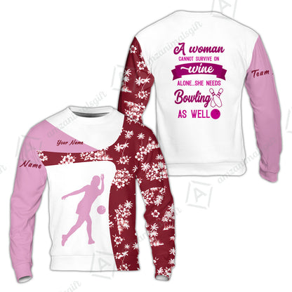 Custom Bowling Jersey Polo Shirt, A Women Cannot Survive On Wine Alone She Needs Bowling As Well, Personalize Name and Team Name