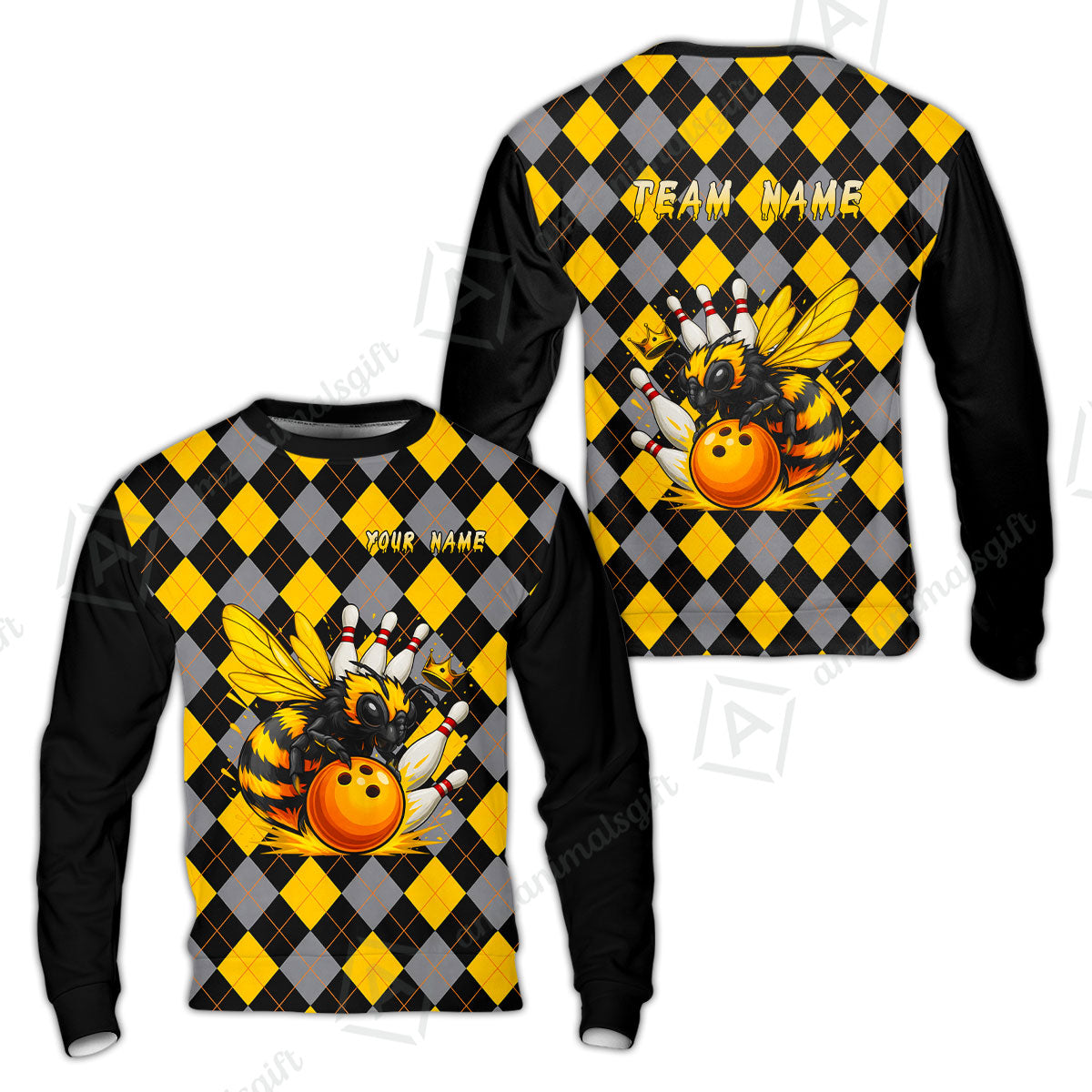 Custom Bowling Jersey Polo Shirt, Argyle Bee Mascot, Custom Bowling Jersey Team Shirt For Players With Name and Team Name