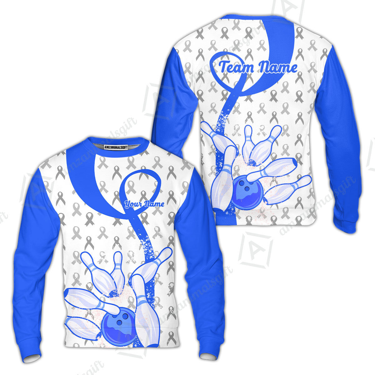 Custom Bowling Team Shirt, Blue Ribbon and Bowling Pins Explosion Shirt, Personalized Team & Player Bowling Jersey