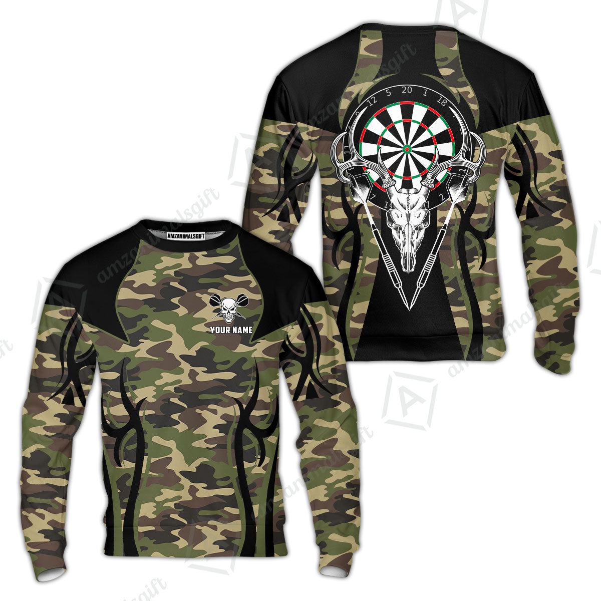 Darts Custom Name Sweatshirt, Camo Skull Deer Dartboard Personalized Sweatshirt- Gift For Darts Lovers, Friend, Darts Team Player