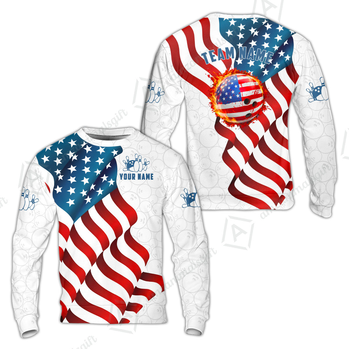 Custom Bowling Jersey Polo Shirt, Patriotic Waving USA Flag Fireball, Custom Bowling Jersey Team Shirt For Players With Name and Team Name