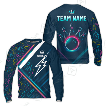 Customized Neon Glow Bowling Sweatshirt, Lightning Bolt And Crown Sweatshirt For Bowling Team, Bowlers