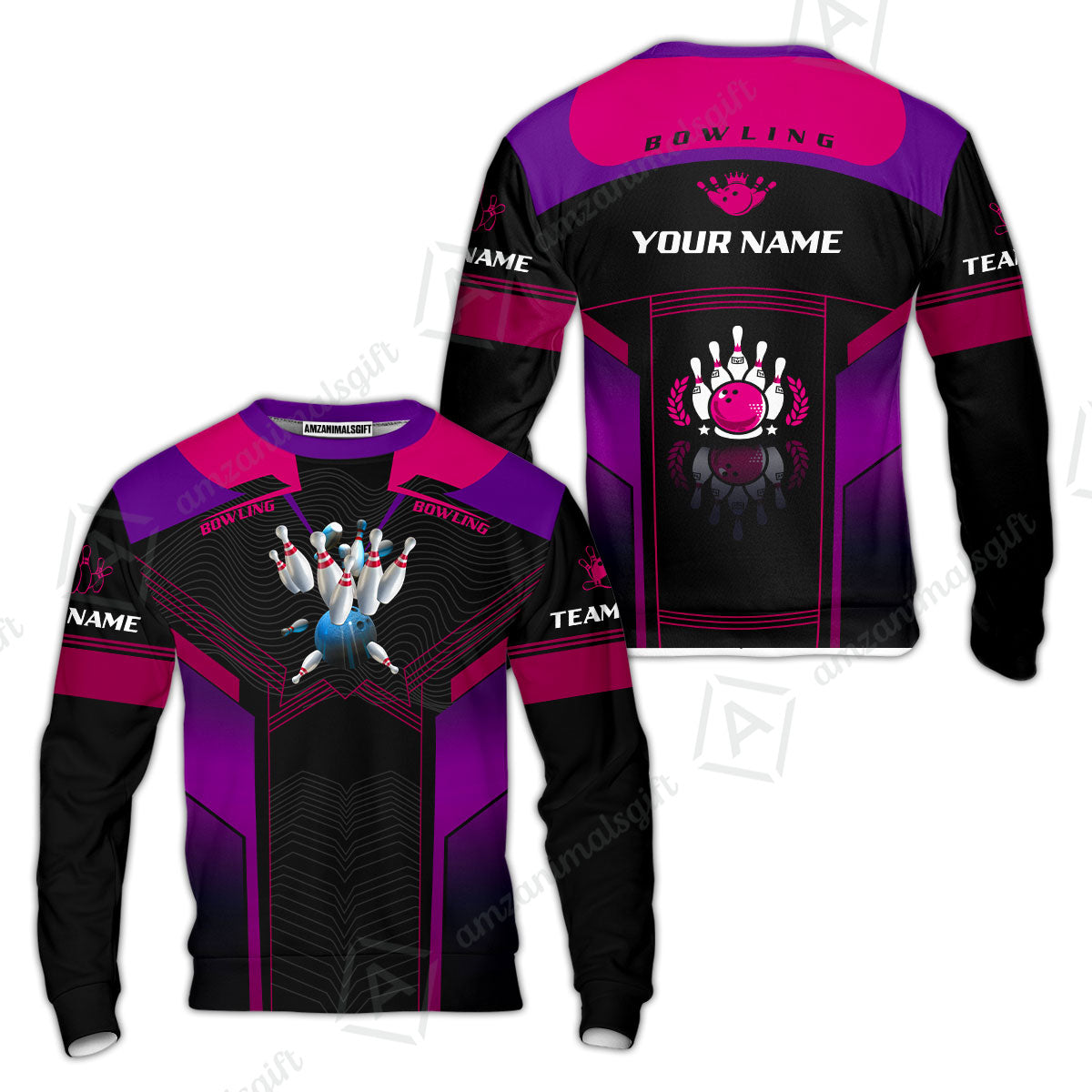 Customized Bowling Jersey Shirt, The Blue Bowling Ball Crashing The Pins Purple Pattern Personalized Name Team Name Logo Team For Bowling Team