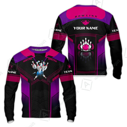 Customized Bowling Jersey Shirt, The Blue Bowling Ball Crashing The Pins Purple Pattern Personalized Name Team Name Logo Team For Bowling Team
